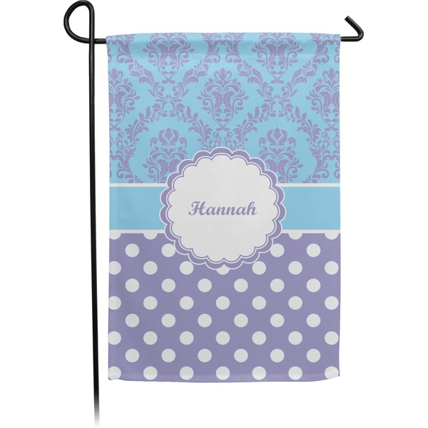 Custom Purple Damask & Dots Small Garden Flag - Double Sided w/ Name or Text