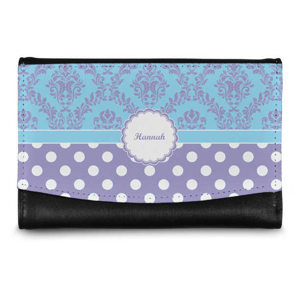Custom Purple Damask & Dots Genuine Leather Women's Wallet - Small (Personalized)