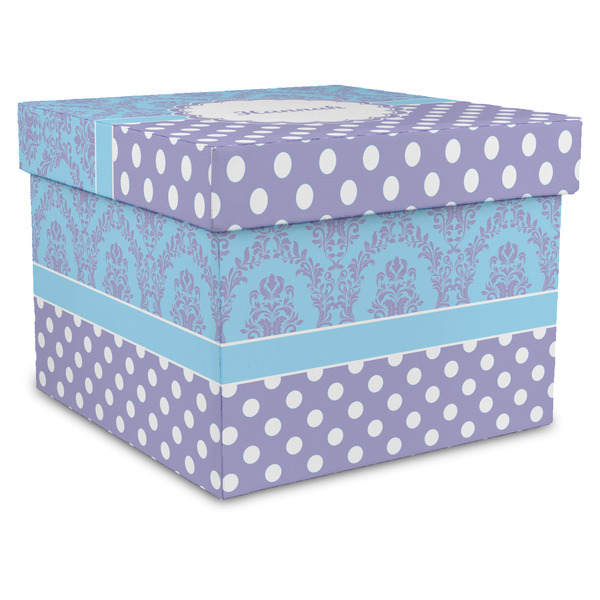 Custom Purple Damask & Dots Gift Box with Lid - Canvas Wrapped - X-Large (Personalized)