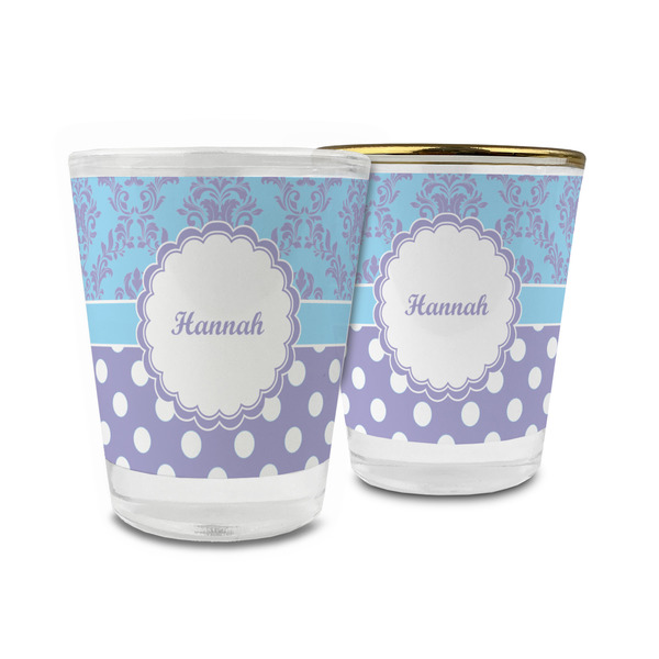 Custom Purple Damask & Dots Glass Shot Glass - 1.5 oz (Personalized)
