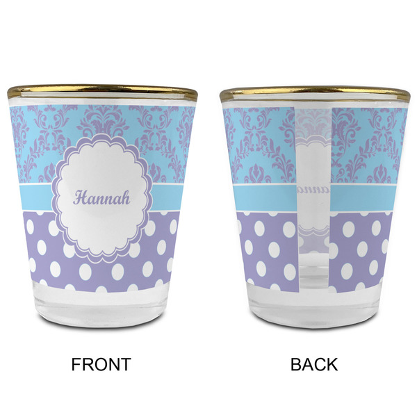 Purple Damask & Dots Glass Shot Glass - with gold rim - APPROVAL