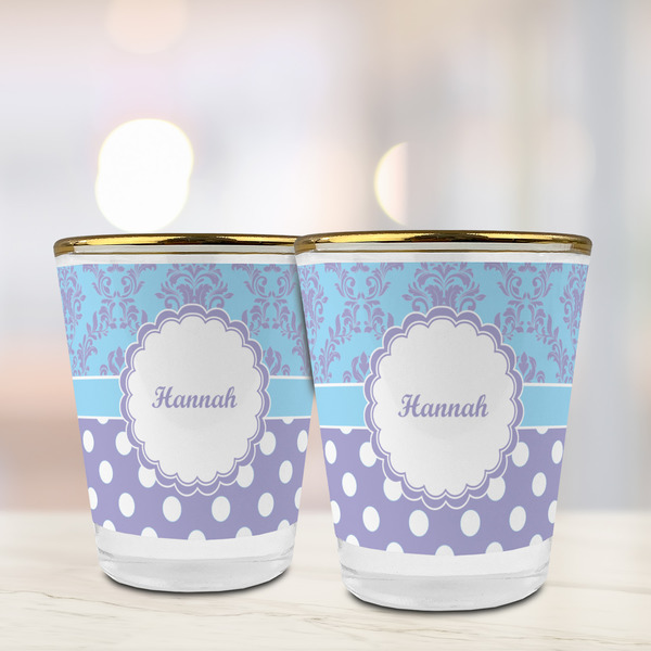 Purple Damask & Dots Glass Shot Glass - with gold rim - LIFESTYLE
