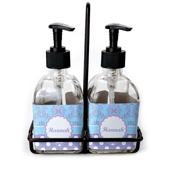 Custom Purple Damask & Dots Glass Soap & Lotion Bottles (Personalized)