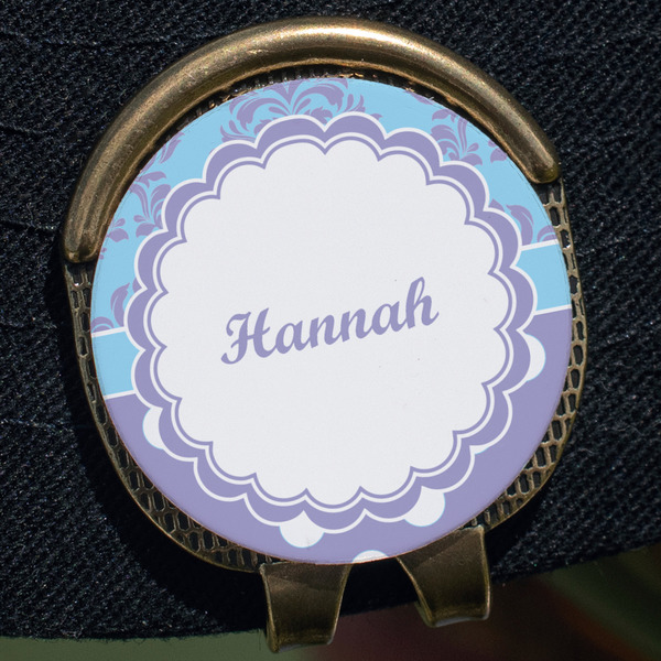 Purple Damask & Dots Golf Ball Marker Hat Clip - Gold - Close Up