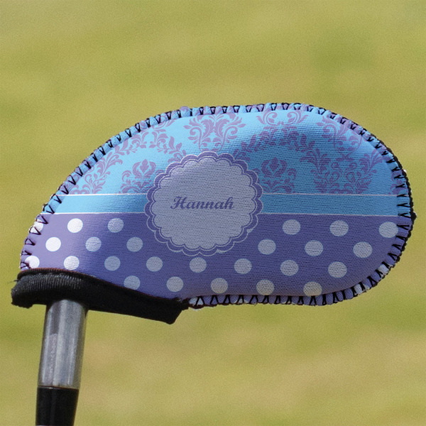 Custom Purple Damask & Dots Golf Club Iron Cover (Personalized)