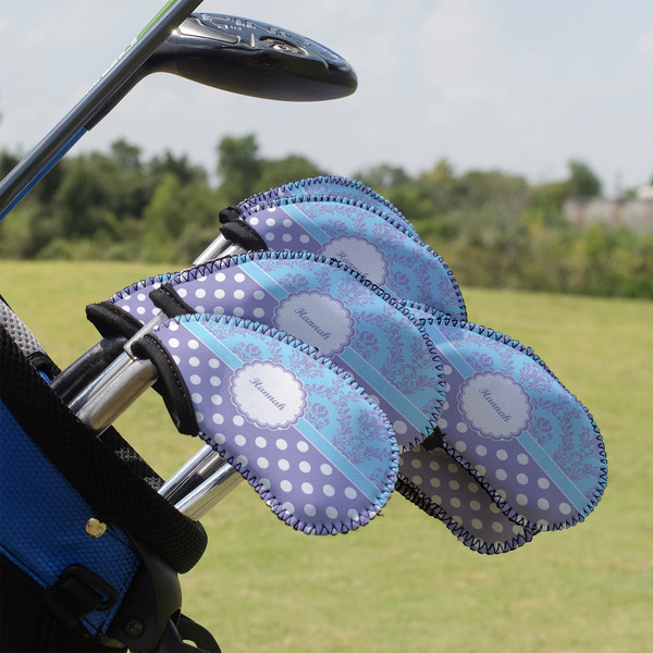 Custom Purple Damask & Dots Golf Club Iron Cover - Set of 9 (Personalized)
