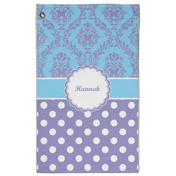 Purple Damask & Dots Golf Towel - Poly-Cotton Blend w/ Name or Text