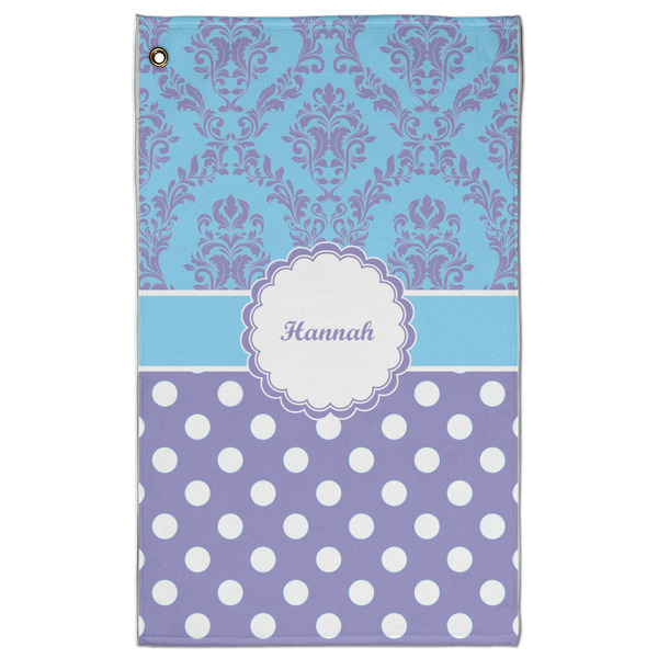 Custom Purple Damask & Dots Golf Towel - Poly-Cotton Blend w/ Name or Text