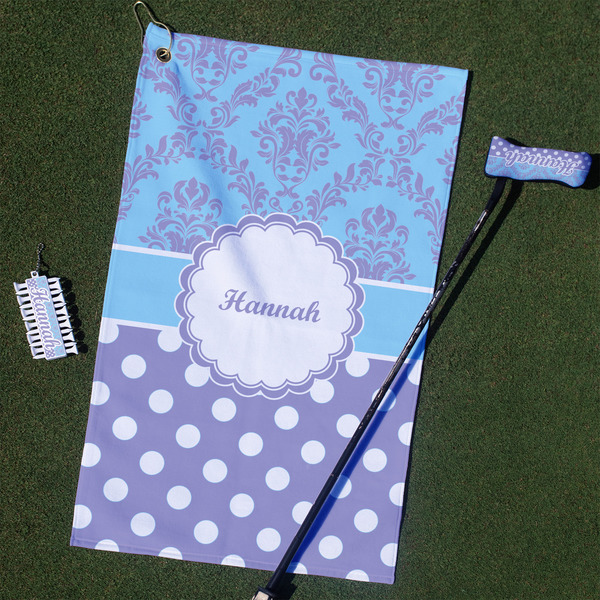 Custom Purple Damask & Dots Golf Towel Gift Set (Personalized)