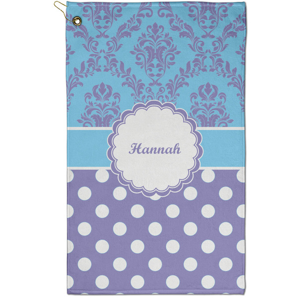 Custom Purple Damask & Dots Golf Towel - Poly-Cotton Blend - Small w/ Name or Text