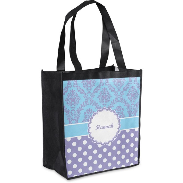 Custom Purple Damask & Dots Grocery Bag (Personalized)