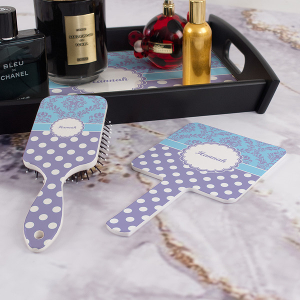 Purple Damask & Dots Hair Brush and Hand Mirror - Bathroom Scene