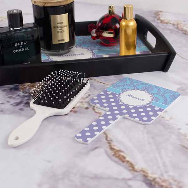 Purple Damask & Dots Hand Mirror - With Hair Brush