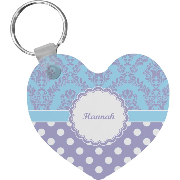 Custom Purple Damask & Dots Heart Plastic Keychain w/ Name or Text