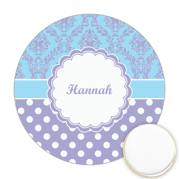 Custom Purple Damask & Dots Printed Cookie Topper - Round (Personalized)