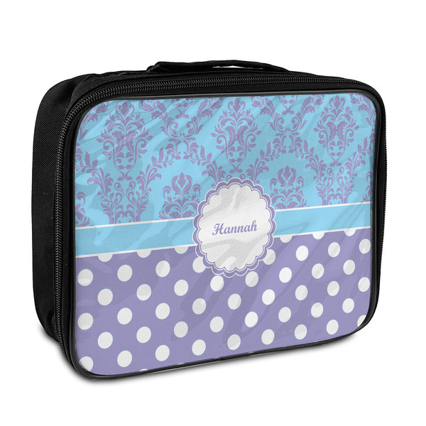 Custom Purple Damask & Dots Insulated Lunch Bag (Personalized)