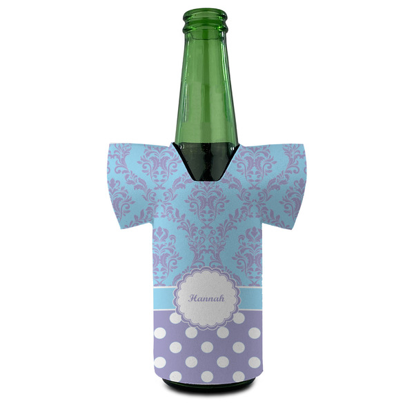 Purple Damask & Dots Jersey Bottle Cooler - FRONT (on bottle)