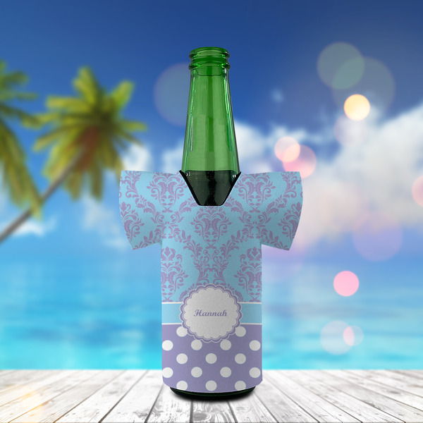 Purple Damask & Dots Jersey Bottle Cooler - LIFESTYLE
