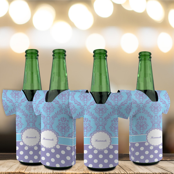 Purple Damask & Dots Jersey Bottle Cooler - Set of 4 - LIFESTYLE