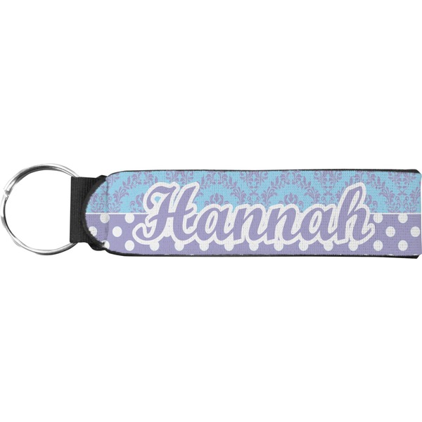 Custom Purple Damask & Dots Neoprene Keychain Fob (Personalized)