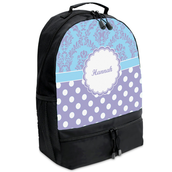 Custom Purple Damask & Dots Backpacks - Black (Personalized)