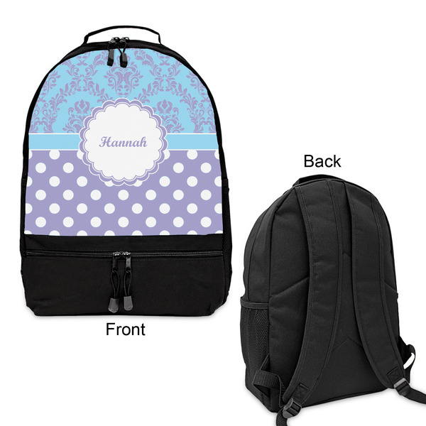 Purple Damask & Dots Large Backpack - Black - Front & Back View