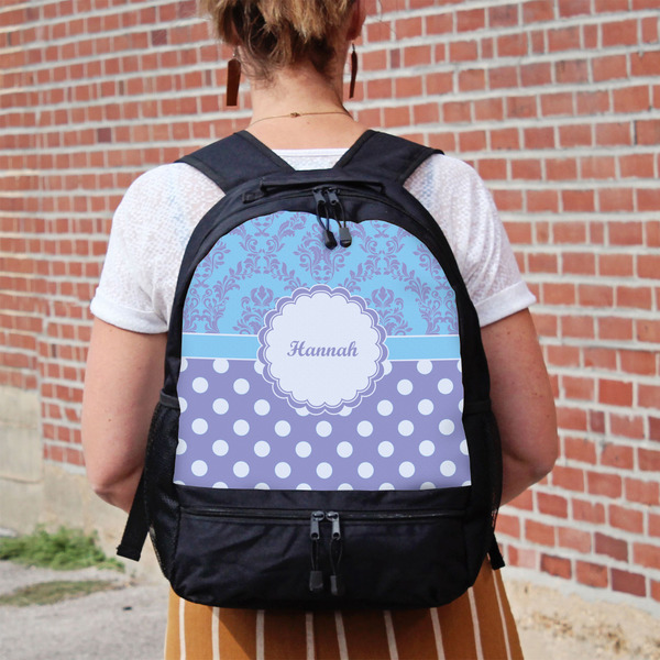 Purple Damask & Dots Large Backpack - Black - On Back