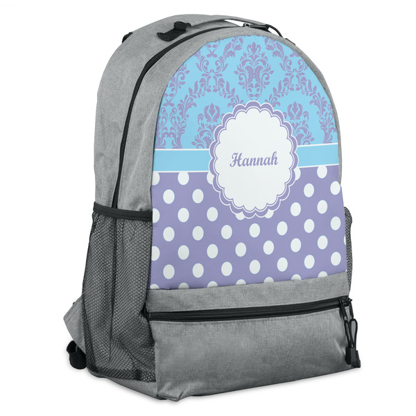 Custom Purple Damask & Dots Backpack - Grey (Personalized)