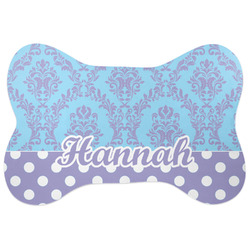 Purple Damask & Dots Bone Shaped Dog Food Mat (Large) (Personalized)