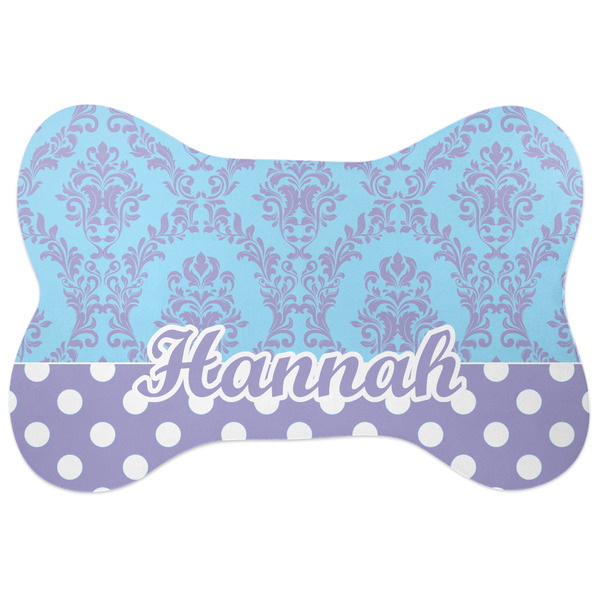 Custom Purple Damask & Dots Bone Shaped Dog Food Mat (Large) (Personalized)