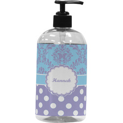 Purple Damask & Dots Plastic Soap / Lotion Dispenser (16 oz - Large - Black) (Personalized)