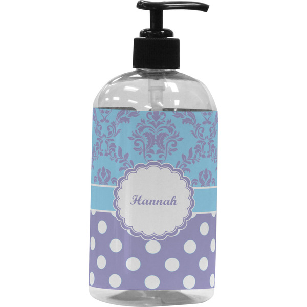 Custom Purple Damask & Dots Plastic Soap / Lotion Dispenser (16 oz - Large - Black) (Personalized)