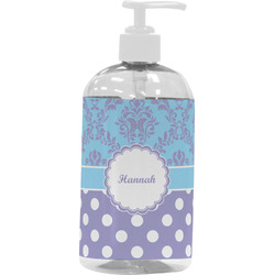 Purple Damask & Dots Plastic Soap / Lotion Dispenser (16 oz - Large - White) (Personalized)