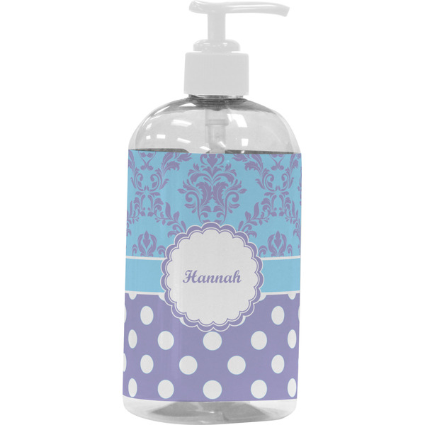 Custom Purple Damask & Dots Plastic Soap / Lotion Dispenser (16 oz - Large - White) (Personalized)