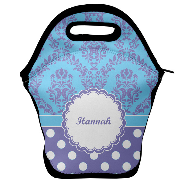 Custom Purple Damask & Dots Lunch Bag w/ Name or Text