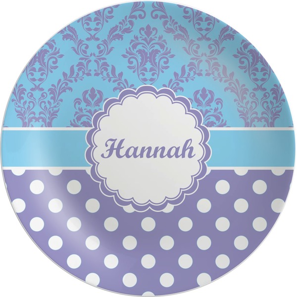 Custom Purple Damask & Dots Melamine Plate (Personalized)