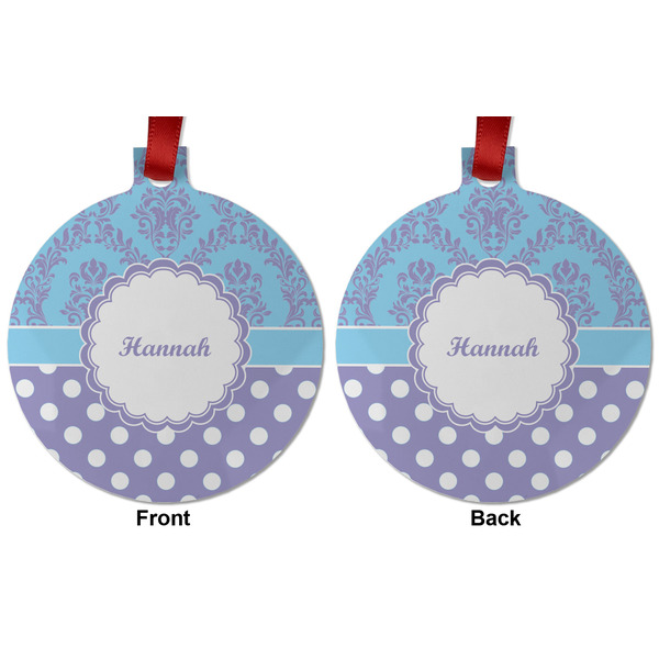 Purple Damask & Dots Metal Ball Ornament - Front and Back