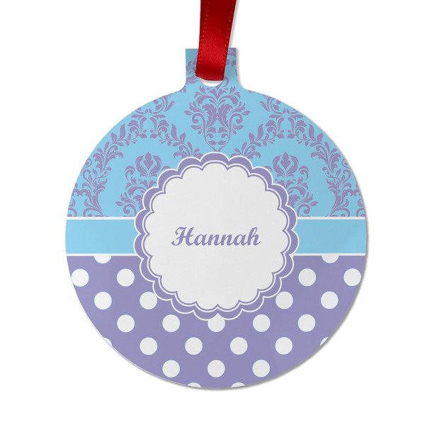 Custom Purple Damask & Dots Metal Ball Ornament - Double Sided w/ Name or Text