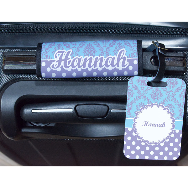 Purple Damask & Dots Metal Luggage Tag & Handle Wrap - In Context