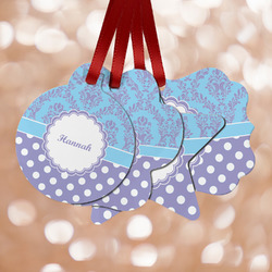 Purple Damask & Dots Metal Ornaments - Double Sided w/ Name or Text