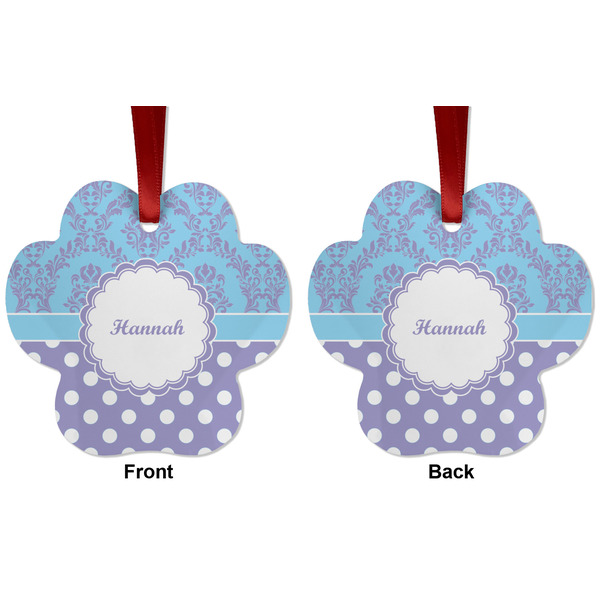Purple Damask & Dots Metal Paw Ornament - Front and Back