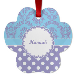 Purple Damask & Dots Metal Paw Ornament - Double Sided w/ Name or Text