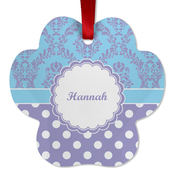 Custom Purple Damask & Dots Metal Paw Ornament - Double Sided w/ Name or Text