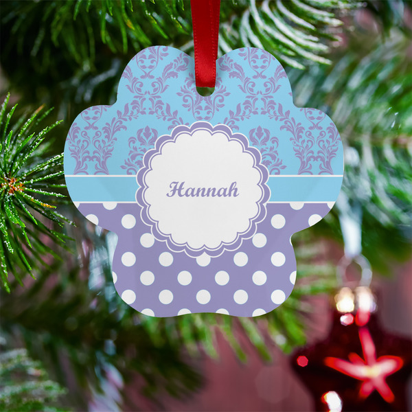 Purple Damask & Dots Metal Paw Ornament - Lifestyle