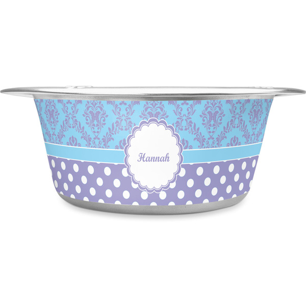 Custom Purple Damask & Dots Stainless Steel Dog Bowl (Personalized)