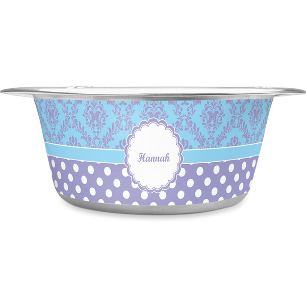 Custom Purple Damask & Dots Stainless Steel Dog Bowl - Large (Personalized)