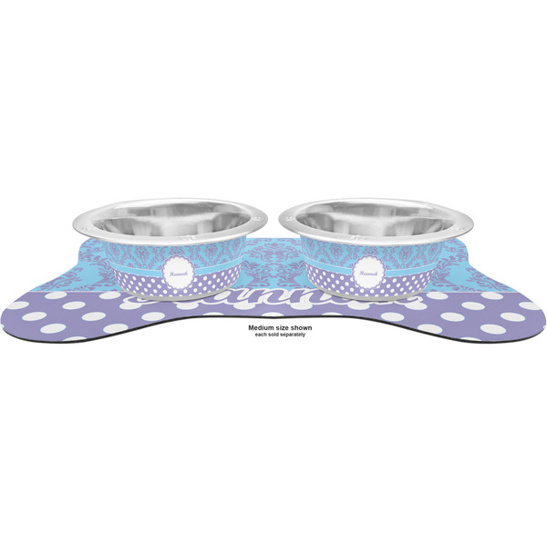 Purple Damask & Dots Metal Pet Bowls - On Dog Bone Shaped Mat