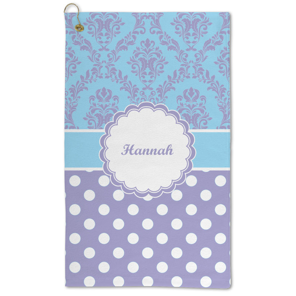 Custom Purple Damask & Dots Microfiber Golf Towel (Personalized)