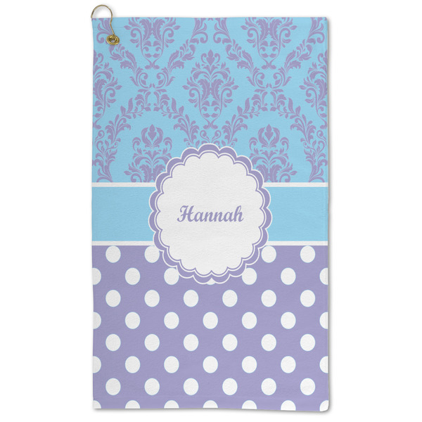 Custom Purple Damask & Dots Microfiber Golf Towel (Personalized)