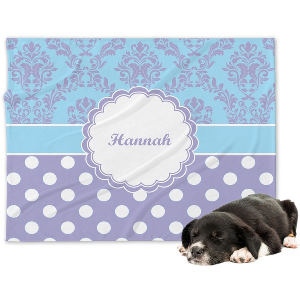 Custom Purple Damask & Dots Dog Blanket - Large (Personalized)